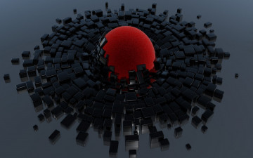 Картинка 3д+графика abstract+ абстракции черные кубики серый фон красный шар