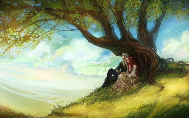 Обои картинки фото фэнтези, люди, дерево, парень, девушка, лужайка, трава