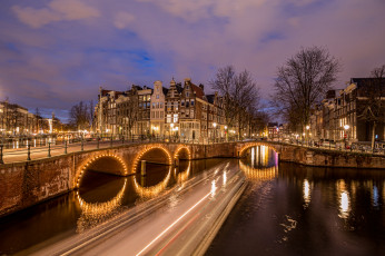 Картинка keizersgracht +amsterdam города амстердам+ нидерланды ночь канал мост огни