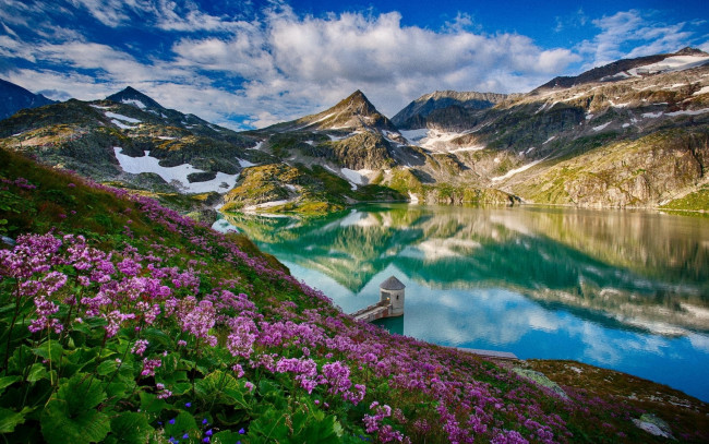 Обои картинки фото природа, реки, озера, башня, облака, горы, озеро, снег, луга, цветы, склоны