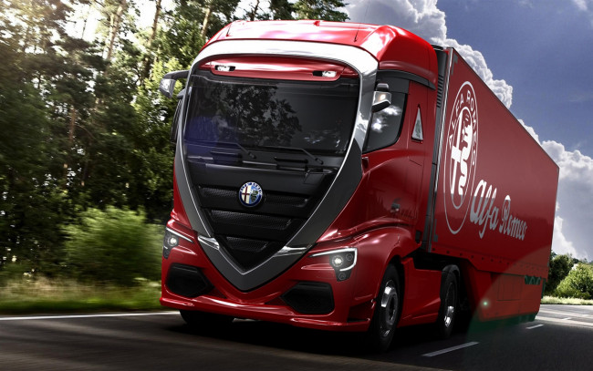 Обои картинки фото alfa romeo truck concept, автомобили, alfa romeo, красный, грузовой, транспорт, фура, трасса, alfa, romeo, truck, concept