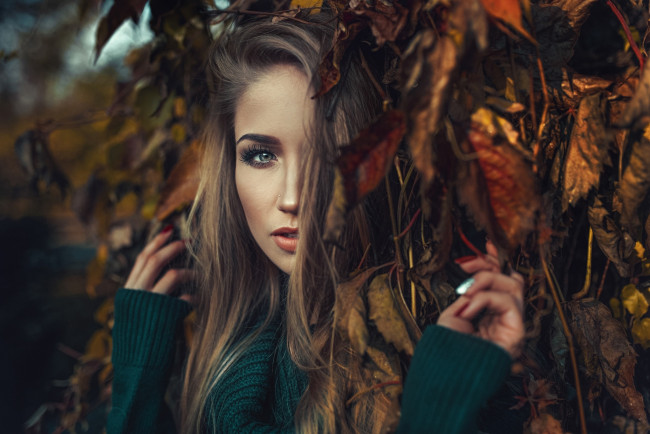 Обои картинки фото девушки, - лица,  портреты, осень, шатенка, листья