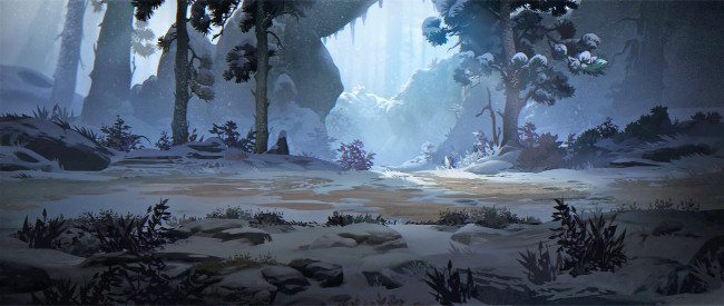 Обои картинки фото рисованное, природа, лес, снег, камни