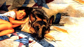 Картинка 295270 рисованное люди девочка собака