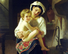 Картинка рисованное adolphe-william+bouguereau женщина ребенок дом