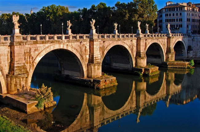 Обои картинки фото мост, понте, сент, анджело, рим, италия, города, ватикан, отражение, вода, арки, каменный