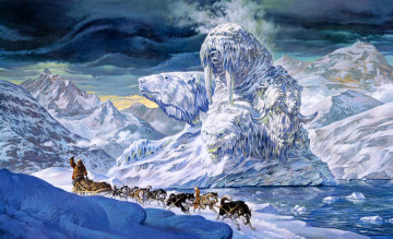 обоя arctic, iceberg, рисованные, ezra, tucker, фантастика, арктика, горы, айсберг, упряжка, собак
