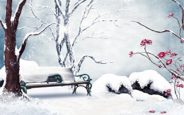 Картинка рисованные природа скамья зима розы