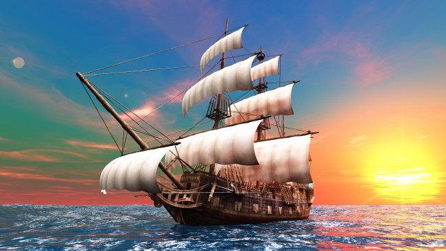 Обои картинки фото корабли, 3d, солнце, океан, паруса, корабль
