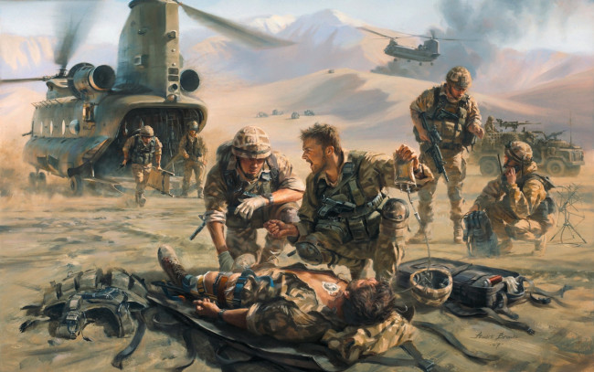 Обои картинки фото рисованные, армия, солдаты, вертолёты, горы