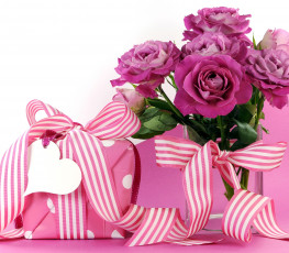 Картинка цветы розы коробки банты розовый