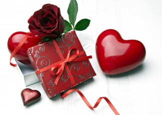 обоя праздничные, день святого валентина,  сердечки,  любовь, подарок, лента, бант, роза, сердечки