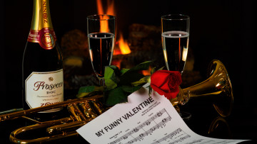 Картинка праздничные день+святого+валентина +сердечки +любовь ноты фужеры бутылка день святого валентина шампанское роза труба