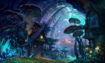 Картинка фэнтези иные+миры +иные+времена ночь грибы лужайка домики планеты небо мир иной