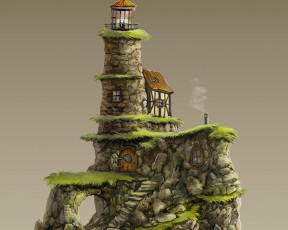 обоя рисованное, - другое, маяк, трава, лестница, башня, домик
