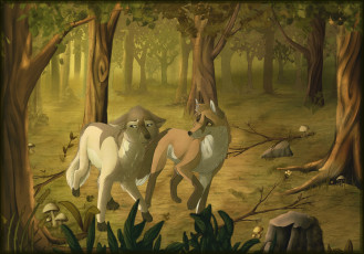 Картинка рисованное животные лес лиса волк
