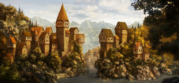 Картинка рисованное города река вершины горы дома