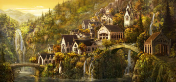 Картинка рисованное города виадуки водопады лес город дома