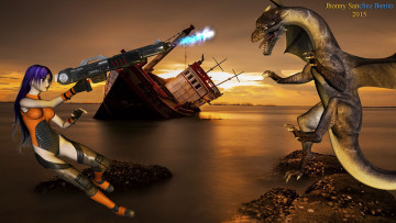 Картинка 3д+графика фантазия+ fantasy корабль море дракон оружие фон взгляд девушка