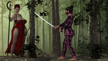 Картинка 3д+графика люди+ people шест фон взгляд девушки оружие лес