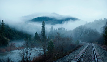 Картинка разное транспортные+средства+и+магистрали лес утро туман жд