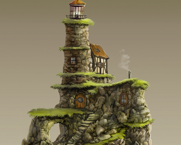 Обои картинки фото рисованное, - другое, маяк, трава, лестница, башня, домик