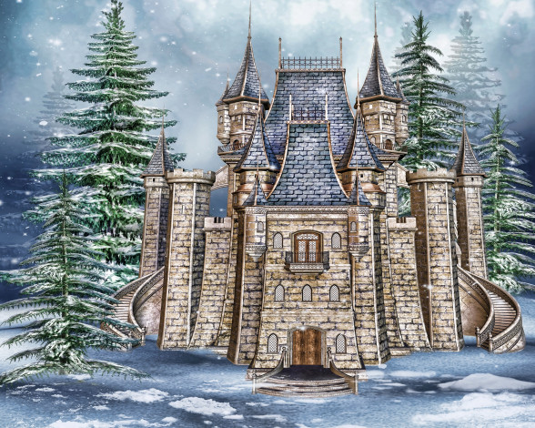Обои картинки фото рисованное, города, снег, ель, зима, замок