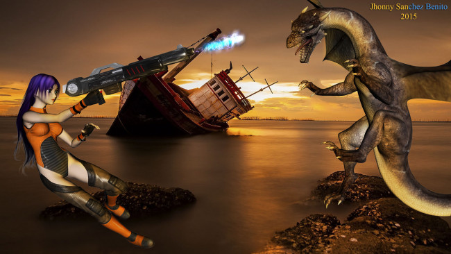 Обои картинки фото 3д графика, фантазия , fantasy, корабль, море, дракон, оружие, фон, взгляд, девушка