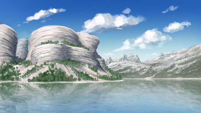 Обои картинки фото рисованное, природа, горы, облака, озеро