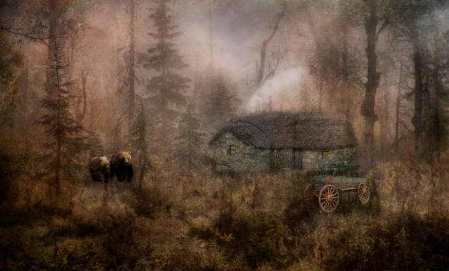 Обои картинки фото рисованное, живопись, стиль, природа, медведи, дом