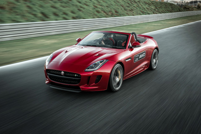 Обои картинки фото автомобили, jaguar, красный, 2015г, uk-spec, r, awd, f-type