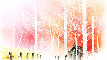 Картинка векторная+графика природа+ nature забор осень деревья домик