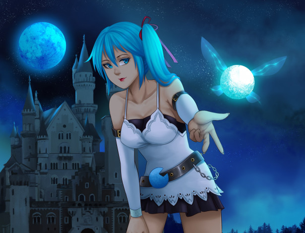 Обои картинки фото аниме, магия,  колдовство,  halloween, девушка, взгляд, фон, замок, луна