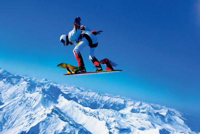 Обои картинки фото спорт, серфинг, зима, снег, горы, скайсерфинг, спортсмен, небо