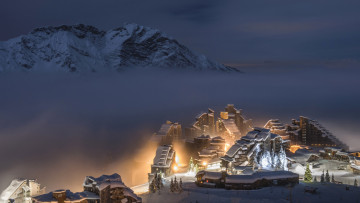 Картинка города -+пейзажи курорт горные лыжи зима франция авориаз порт-дю-солей горы снег верхняя савойя ночь огни отель