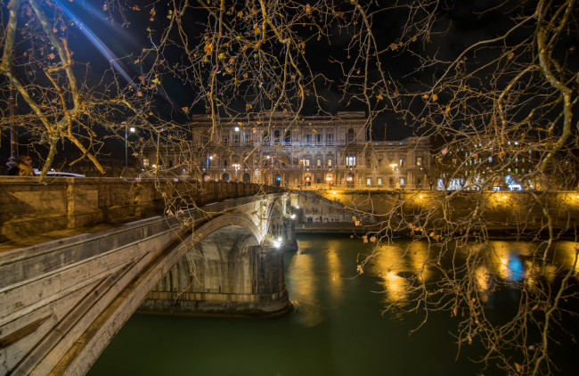 Обои картинки фото города, - огни ночного города, река, мост