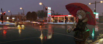Картинка аниме город +улицы +интерьер +здания девушка зонт