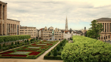 обоя города, брюссель , бельгия, клумбы, памятник, сквер
