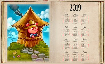 обоя календари, рисованные,  векторная графика, свинья, шляпа, дом, поросенок