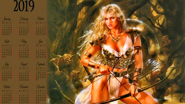 Обои картинки фото календари, фэнтези, стрела, лук, оружие, девушка, существо