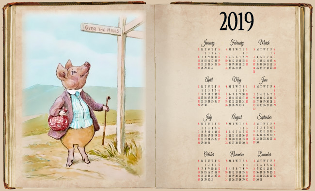 Обои картинки фото календари, рисованные,  векторная графика, свинья, одежда, указатель, поросенок