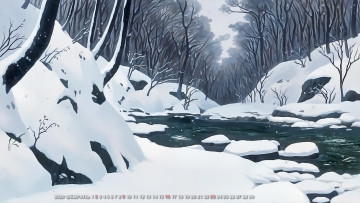обоя календари, аниме, 2020, calendar, пейзаж, природа, деревья, зима, снег, водоем