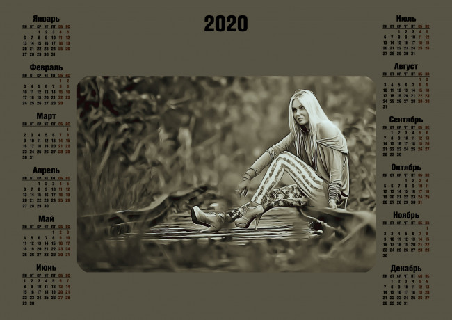 Обои картинки фото календари, компьютерный дизайн, девушка, женщина, calendar, 2020, водоем, блондинка, природа