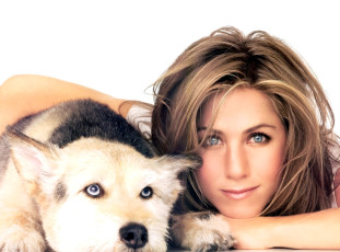 обоя девушки, jennifer aniston, блондинка, лицо, собака