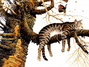 обоя рисованное, животные,  коты, кот, дерево, отдых