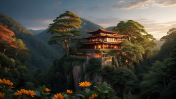 обоя 3д графика, природа , nature, house, trees, mountains, artwork, chinese, architecture