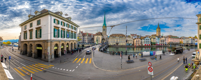 Обои картинки фото города, цюрих , швейцария, панорама, дома, реки, улица, набережная, цюрих