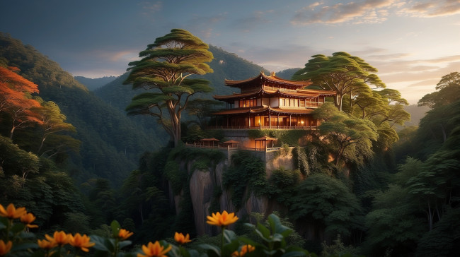 Обои картинки фото 3д графика, природа , nature, house, trees, mountains, artwork, chinese, architecture