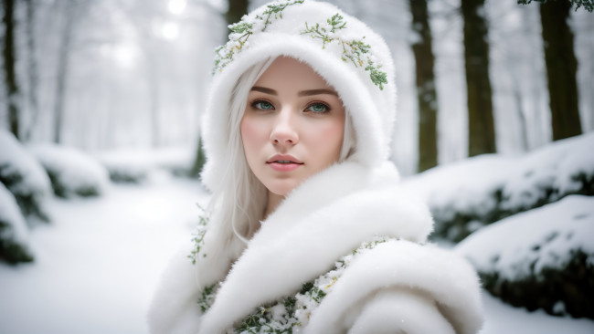 Обои картинки фото нейросеть, 3д графика, фантазия , fantasy, girl, green, eyes, nature, art, winter, snow