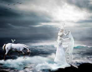 Картинка фэнтези фотоарт девушка лошадь птица море